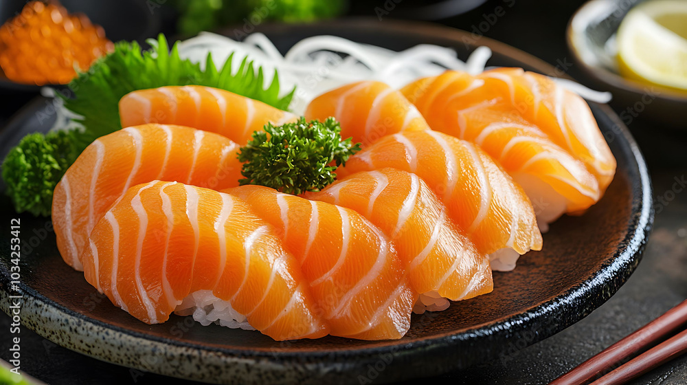 Japanese Cuisine Poster featuring vibrant Salmon Sashimi, showcasing the artful presentation and fresh ingredients of traditional dining. Japanese Cuisine Poster featuring vibrant Salmon Sashimi, showcasing the artful presentation and fresh ingredients of traditional dining.