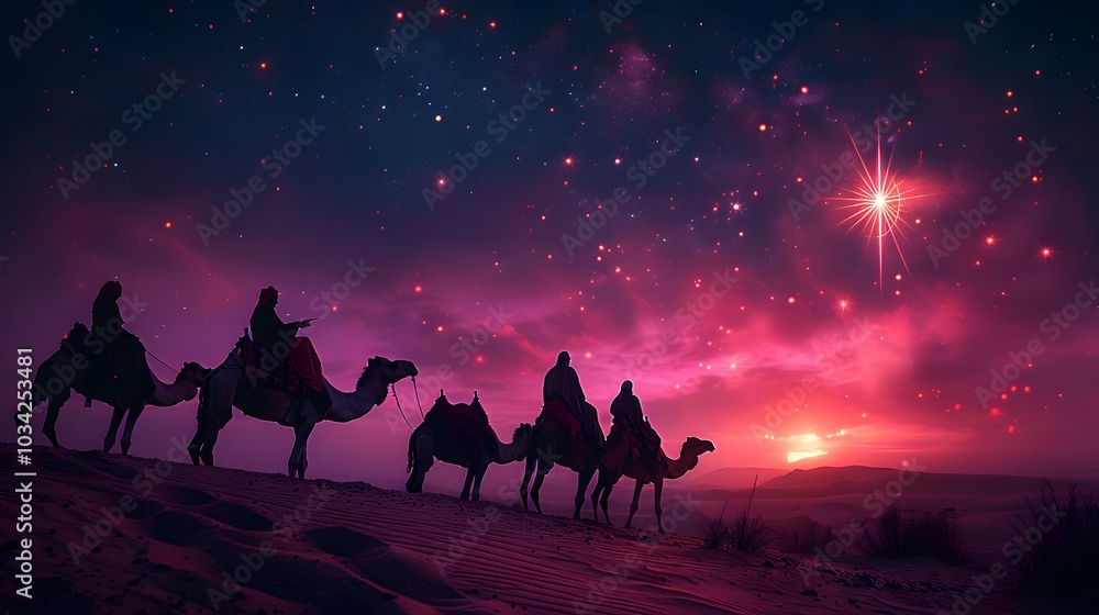 A magical desert scene with astrologers pointing at a bright eastern star, the twilight sky glowing with pink, orange, and violet hues, camels resting on the sand dunes, A magical desert scene with astrologers pointing at a bright eastern star, the twilight sky glowing with pink, orange, and violet hues, camels resting on the sand dunes,