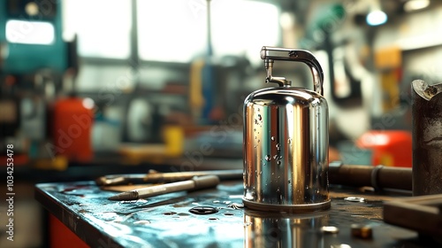 A metal oil can on an industrial workshop surrounded by tools and machinery photo