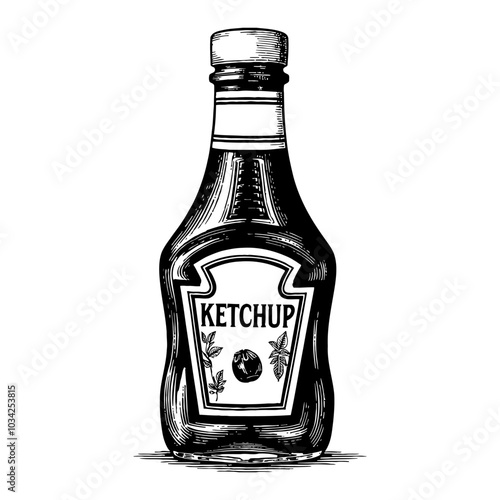 Vintage Ketchup Bottle with Detailed Label in Black and White Outline Line Art Drawing
