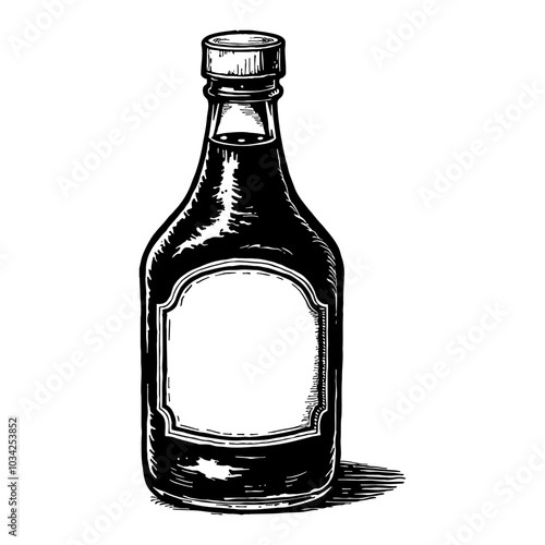 Vintage Ketchup Bottle with Blank Label in Black and White Outline Line Art Drawing