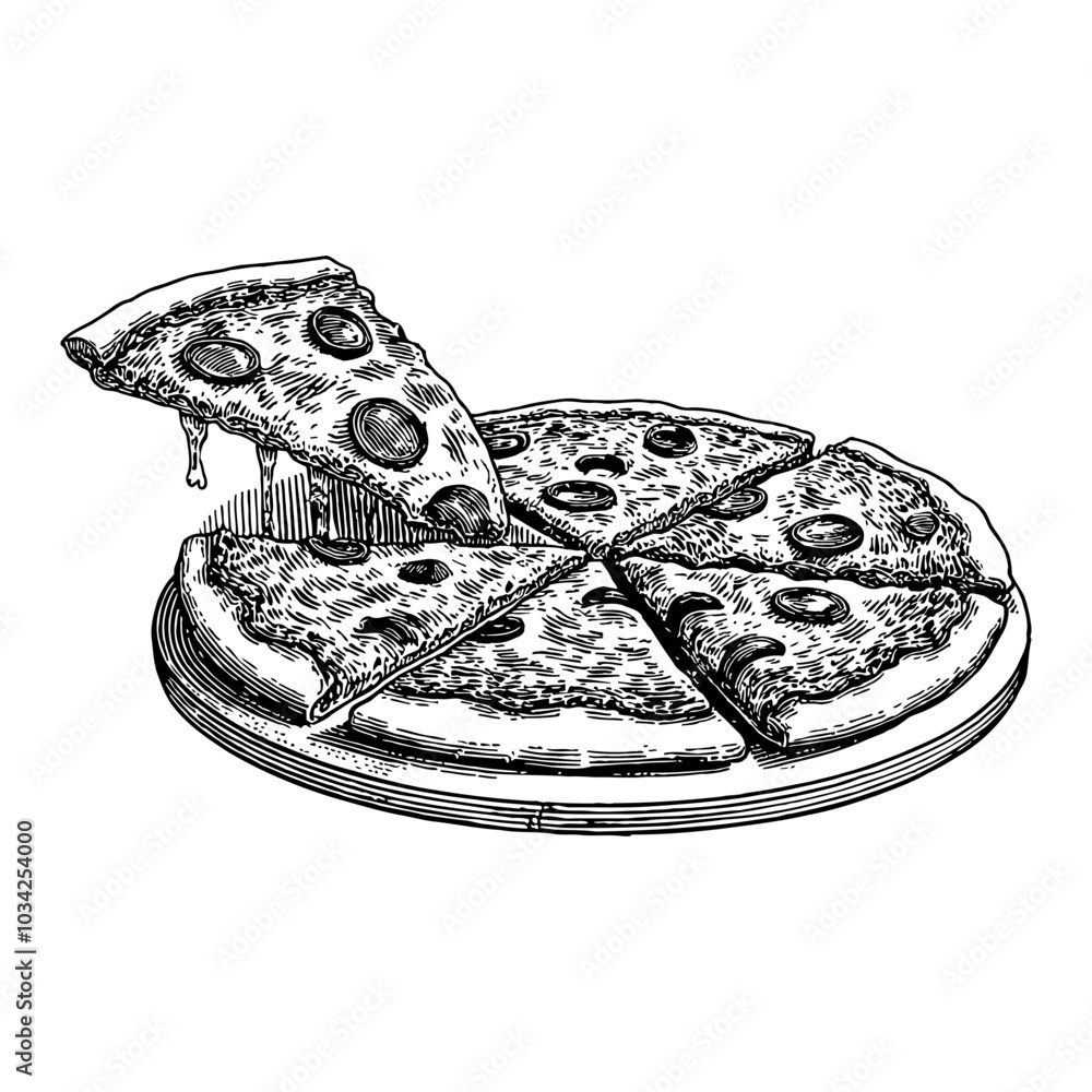 Whole Pizza with Detailed Black and White Outline Line Art Drawing Featuring Toppings and Cheese Whole Pizza with Detailed Black and White Outline Line Art Drawing Featuring Toppings and Cheese