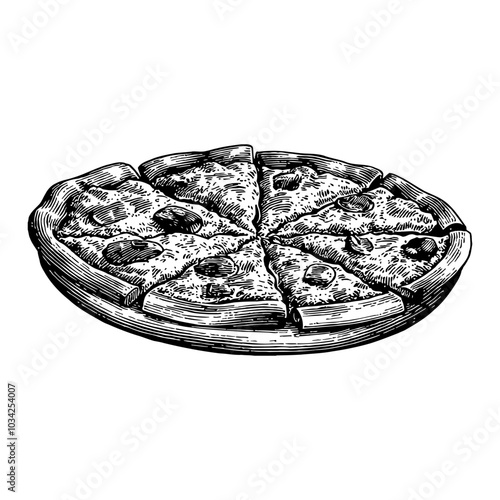 Whole Pizza Illustration in Vintage Black and White Outline Line Art Drawing Style
