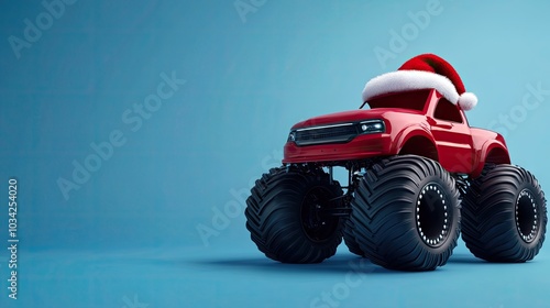 A whimsical hand-drawn Christmas monster truck adorned with a festive hat, set against a vibrant blue backdrop for holiday cheer photo