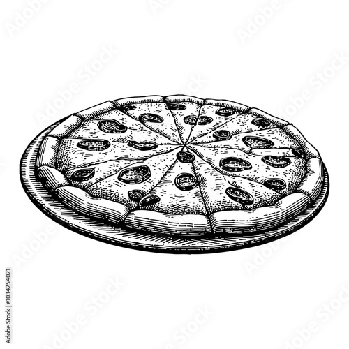 Whole Pizza in Detailed Black and White Outline Line Art Drawing with Slices and Toppings