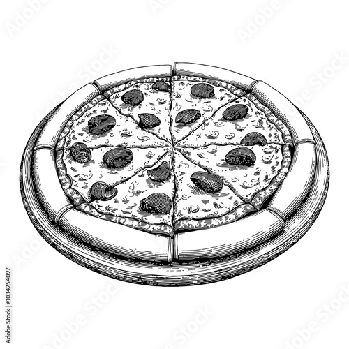 Whole Pizza Illustration in Detailed Black and White Outline Line Art Drawing with Engraved Style