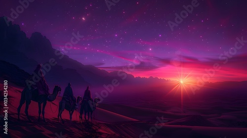 Wallpaper Mural A mystical desert scene at twilight with three astrologers on camels, pointing toward a glowing star in the sky, the horizon aglow with purple and orange, Torontodigital.ca