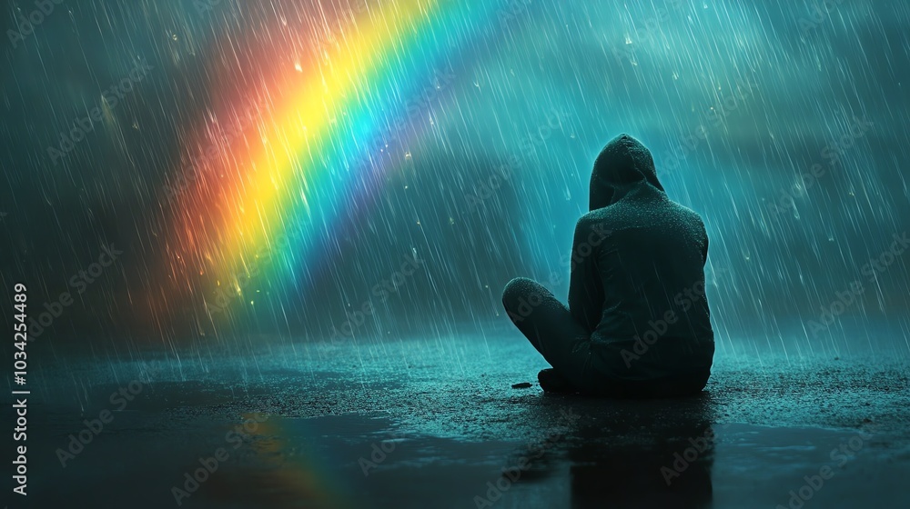 A person sitting in rain, reflecting under a vibrant rainbow, evoking emotion and tranquility. A person sitting in rain, reflecting under a vibrant rainbow, evoking emotion and tranquility.