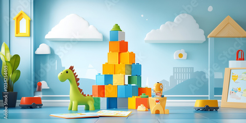 Building blocks tower on playroom floor with instruction booklet nearby, illustration art photo