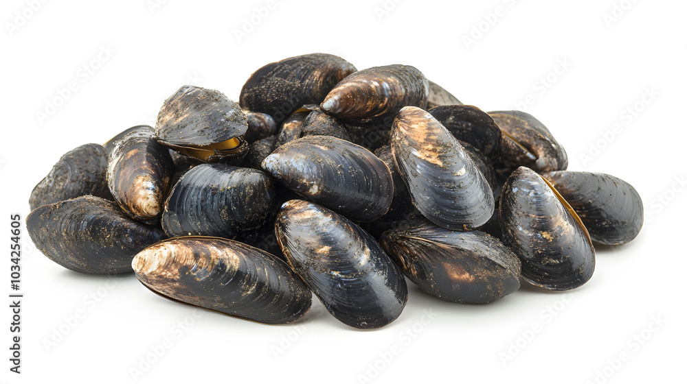 Shellless Mussels Display, a close-up view of a pile of fresh shellless mussels on a clean white surface, showcasing their smooth texture and color. Shellless Mussels Display, a close-up view of a pile of fresh shellless mussels on a clean white surface, showcasing their smooth texture and color.