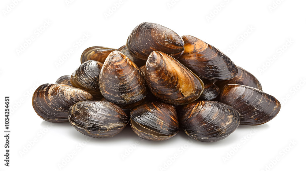 Shellless Mussels on White, a close-up view of fresh mussels, showcasing their unique textures and colors against a clean background. Shellless Mussels on White, a close-up view of fresh mussels, showcasing their unique textures and colors against a clean background.