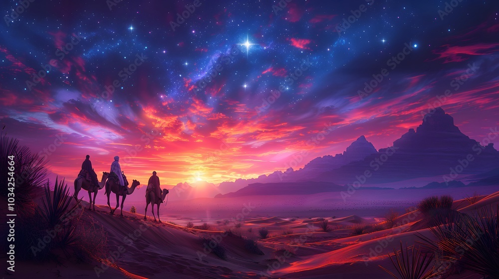 Naklejka premium A peaceful desert scene at dusk with three astrologers riding camels, the sky painted in vibrant sunset colors, distant mountains casting long shadows over the dunes,