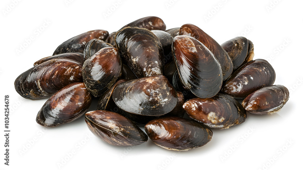 Shellless Mussels Display, an isolated arrangement of fresh shellless mussels on a clean white surface, showcasing their smooth textures and colors Shellless Mussels Display, an isolated arrangement of fresh shellless mussels on a clean white surface, showcasing their smooth textures and colors