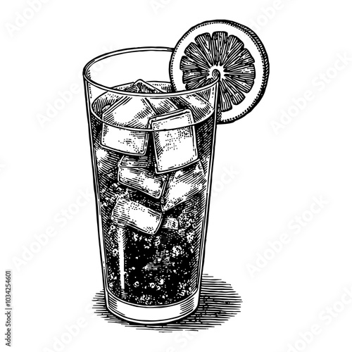 Glass of Refreshing Ice Tea with Lemon Slice Vintage Black and White Outline Line Art Drawing