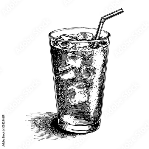 Iced Tea in a Glass with Ice Cubes and Straw Black and White Outline Line Art Drawing