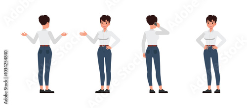 Business woman working and presentation in various action character vector illustration design set. Woman wear white shirt.