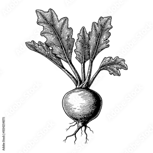 Beetroot Vegetable Detailed Black and White Outline Line Art Drawing with Leaves and Roots