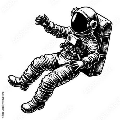 Astronaut Floating in Space in Detailed Black and White Outline Line Art Drawing