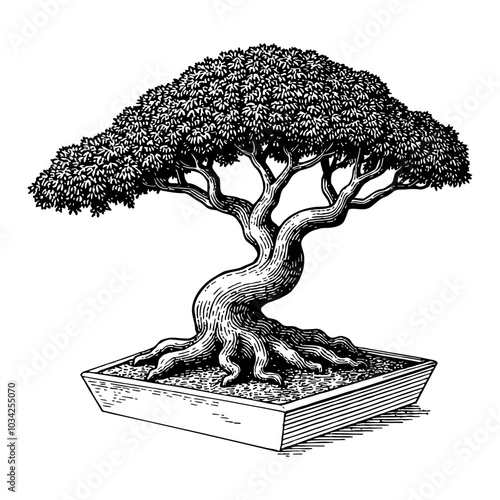 Bonsai Tree in Ornamental Pot Detailed Black and White Outline Line Art Drawing