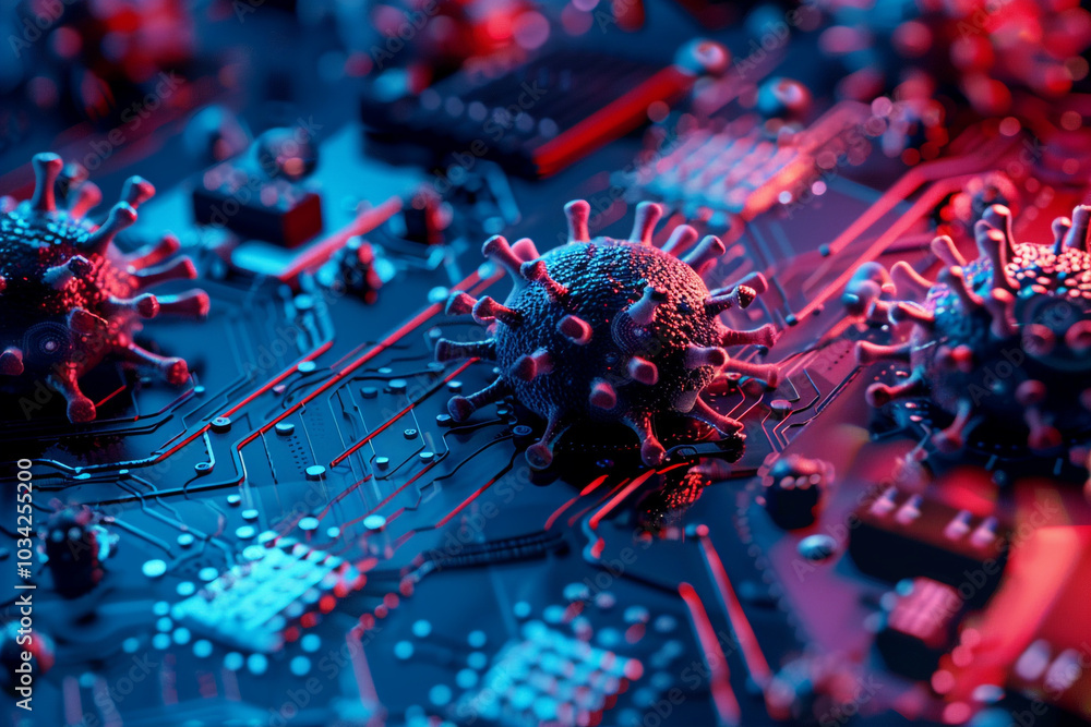 Cyber Virus Threat: 3D Rendering of Coronavirus on a Circuit Board Cyber Virus Threat: 3D Rendering of Coronavirus on a Circuit Board