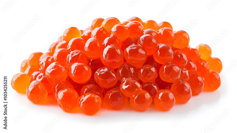 Red caviar delicately arranged on a pristine white surface, showcasing its vibrant color and luxurious texture from a top view perspective Red caviar delicately arranged on a pristine white surface, showcasing its vibrant color and luxurious texture from a top view perspective