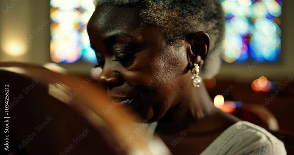 African american woman deeply engaged in prayer within a serene church, surrounded by soft candlelight and colorful stained glass African american woman deeply engaged in prayer within a serene church, surrounded by soft candlelight and colorful stained glass