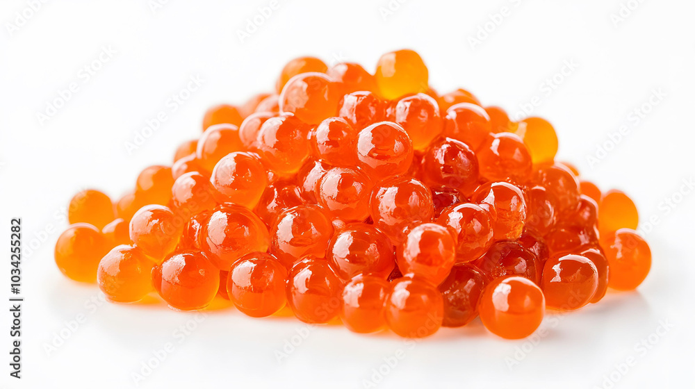 Vibrant red caviar arranged elegantly on a pristine white surface, showcasing its glossy texture and rich color. Vibrant red caviar arranged elegantly on a pristine white surface, showcasing its glossy texture and rich color.