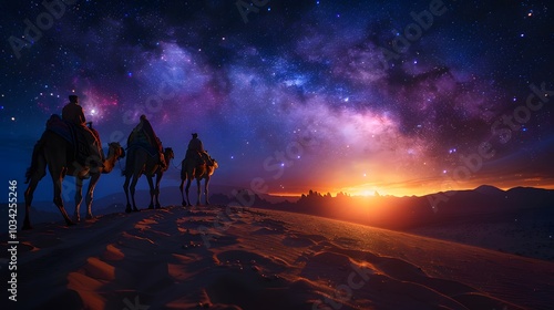 Wallpaper Mural A wide view of astrologers on camels following a glowing star across the desert, the star’s mystical light illuminating the dunes, casting an ethereal glow, the night sky filled with stars, Torontodigital.ca