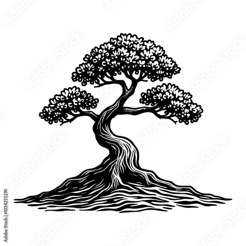 Bonsai Tree on Soil in Detailed Black and White Outline Line Art Drawing with Curved Trunk