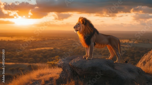 Majestic lion standing on a rock, overlooking the savannah at sunset, symbolizing strength and beauty in the heart of the wild.