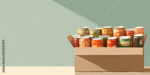 Donation box filled with canned goods and nonperishable items, illustration art