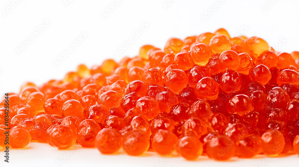 Vibrant Red Caviar on White Surface, A close-up view highlighting the glossy texture and rich color of premium caviar against a clean backdrop Vibrant Red Caviar on White Surface, A close-up view highlighting the glossy texture and rich color of premium caviar against a clean backdrop