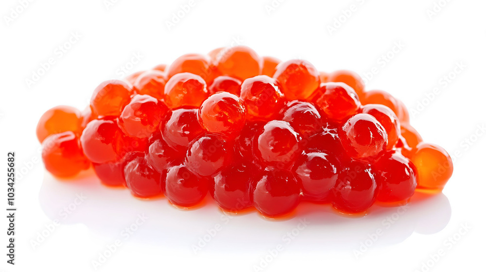 Red caviar displayed on a pristine white surface, viewed from above, showcasing its vibrant color and luxurious texture. Red caviar displayed on a pristine white surface, viewed from above, showcasing its vibrant color and luxurious texture.