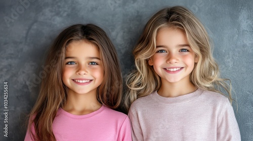 Two Smiling Girls with Long Hair and Pink Shirts