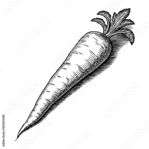 Carrot in Detailed Retro Black and White Outline Line Art Drawing with Fine Crosshatch Shading
