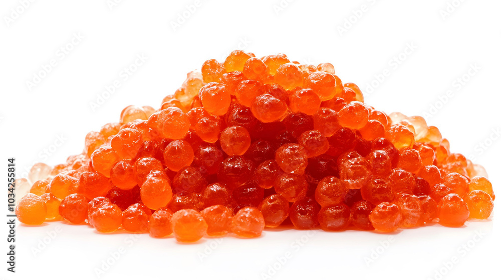 Vibrant red caviar elegantly arranged on a pristine white surface, showcasing its rich texture and color in a top-down perspective Vibrant red caviar elegantly arranged on a pristine white surface, showcasing its rich texture and color in a top-down perspective