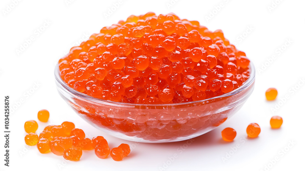 Vibrant red caviar delicately arranged on a pristine white surface, showcasing its glossy texture and rich color contrast. Vibrant red caviar delicately arranged on a pristine white surface, showcasing its glossy texture and rich color contrast.
