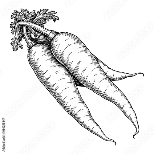 Carrot Illustration in Vintage Style Black and White Outline Line Art Drawing Detailed View