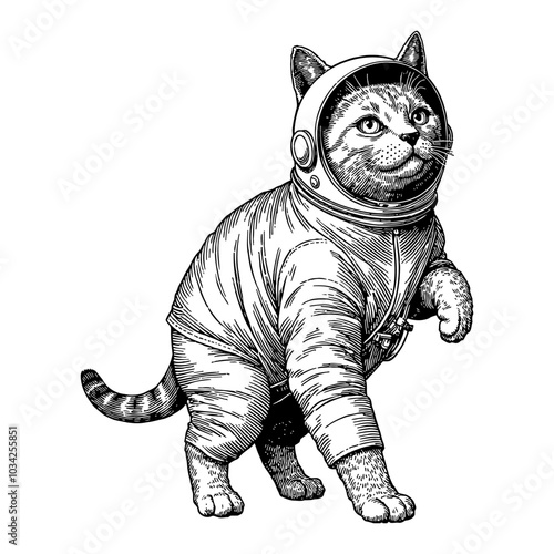 Space Cat in Astronaut Suit with Floating Pose Black and White Outline Line Art Drawing