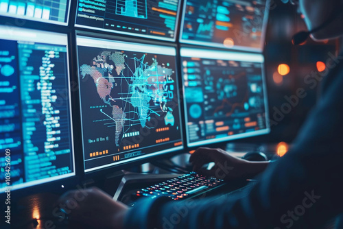 Cybersecurity Analyst Monitoring Global Network