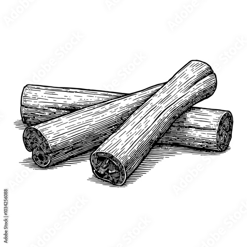 Cinnamon Sticks Black and White Outline Line Art Drawing with Detailed Textured Design