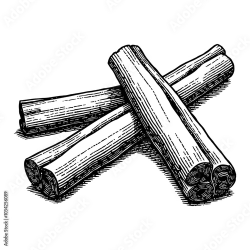 Cinnamon Sticks in Detailed Vintage Black and White Outline Line Art Drawing Illustration