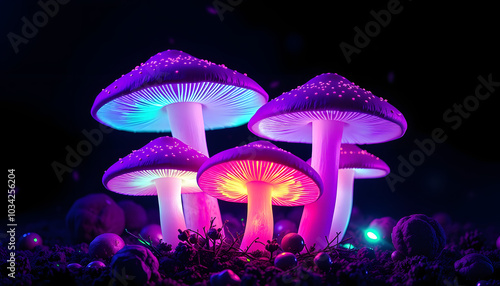 Magic Mushrooms with neon lights , purple colorful trippy concept, background isolated with white highlights, png