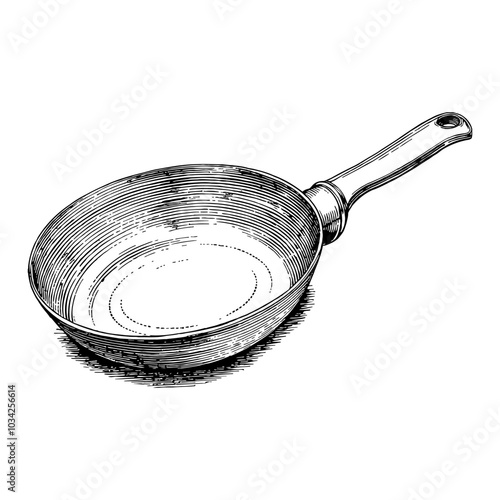Antique Empty Frying Pan Black and White Outline Line Art Drawing with Handle and Details