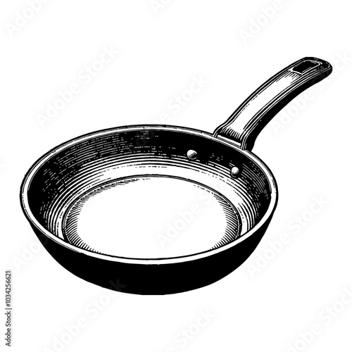 Empty Frying Pan in Detailed Black and White Outline Line Art Drawing with Handle Visible