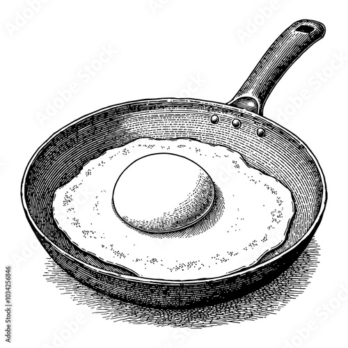 Fried Egg in Frying Pan Black and White Outline Line Art Drawing Kitchen Cooking Illustration
