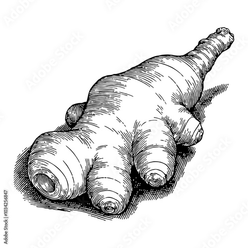 Ginger Root Black and White Outline Line Art Drawing with Detailed Sketch and Illustration Design