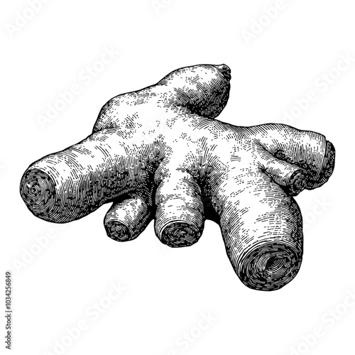 Detailed Ginger Root in Black and White Outline Line Art Drawing with Textured Detailing