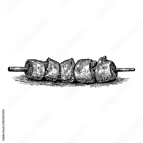 Grilled Meat Skewer Detailed Black and White Outline Line Art Drawing with Realistic Detailing