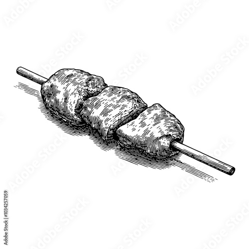 Grilled Meat Skewer in Monochrome Black and White Outline Line Art Drawing Style